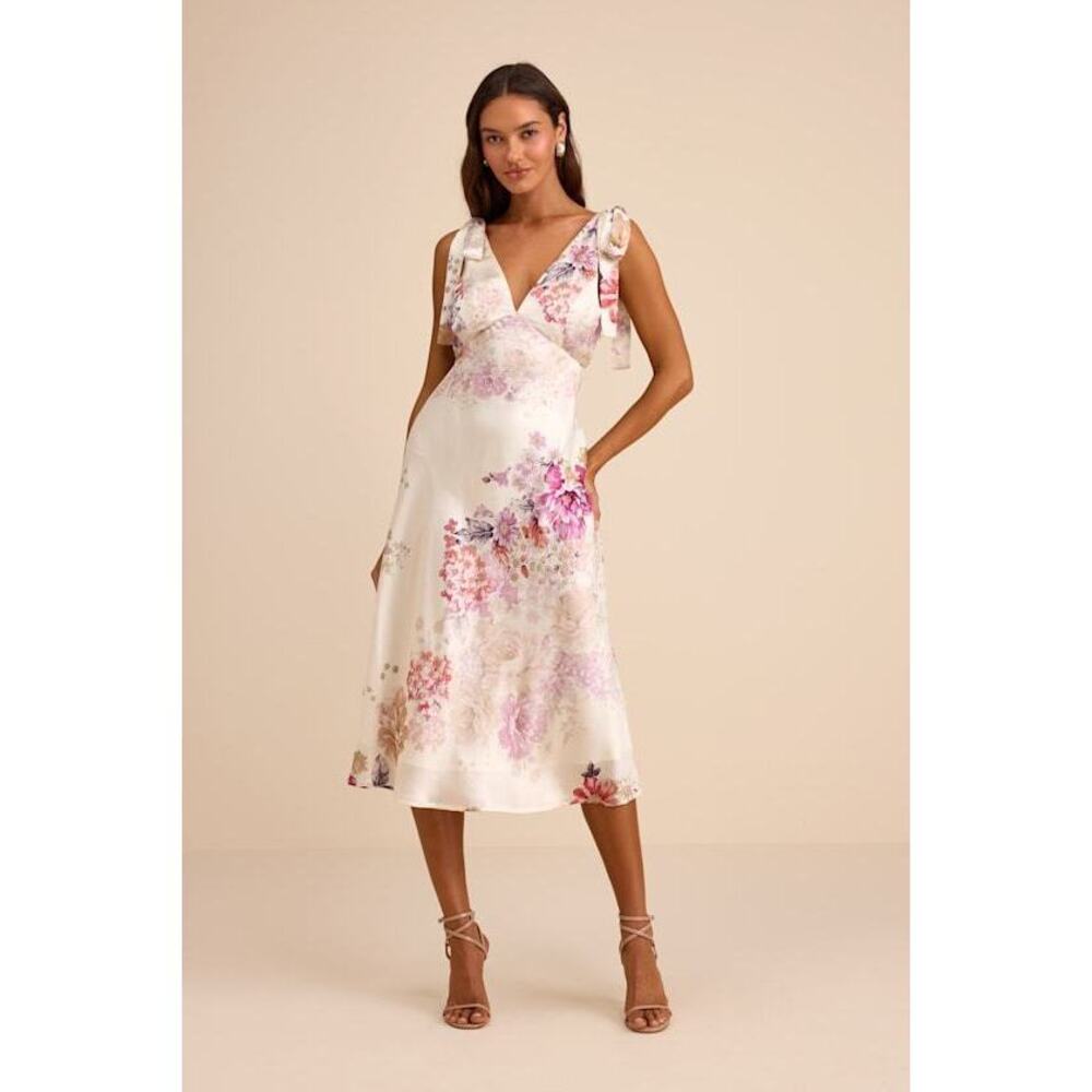 Lulus Zoella Ivory Floral Satin Tie-strap Midi Dress White - Size XS